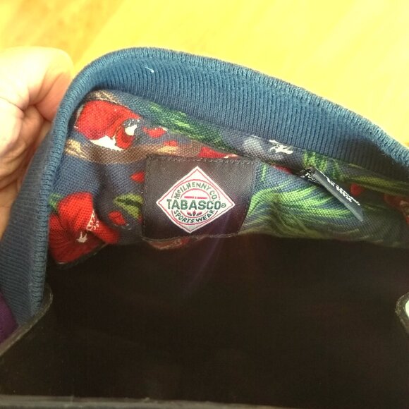 90s Tabasco Polo Shirt blue with red with hibiscus flowers - Picture 5 of 5